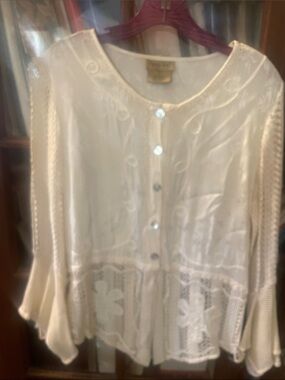 Midnight Velvet Cream Embroidered Button-Front Blouse